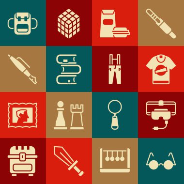 Gözlük, sanal gerçeklik, tişört, Burger, Kitap, dolmakalem ucu, okul çantası ve pantolon askısı simgesi. Vektör