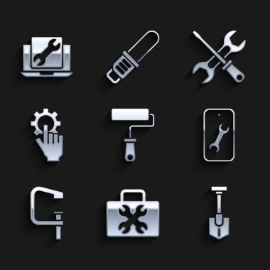 Boya fırçasını, Araç Kutusunu, Kürek, Mobil servisi, Kıskaç ve vida aracını ayarla, eli, tornavida anahtarını ve dizüstü bilgisayar simgesini ayarla. Vektör