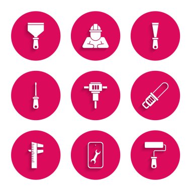 İnşaat matkabı, mobil servis, boya fırçası, testere, Calliper, kalibre ve ölçek, tornavida, macun bıçağı ve ikon. Vektör