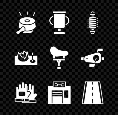 Bisiklet zili, bisiklet süspansiyonlu ödül kupası, eldivenler, tamirat servisi, şerit, sokak rampası ve koltuk ikonu. Vektör