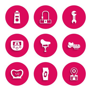 Bisiklet koltuğu, bacağa alçı, tamir servisi, ayakkabılar, patlak lastik, haritalı GPS cihazı, anahtar ve güneş kremini tüp simgesine yerleştir. Vektör