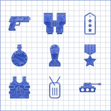 Havacılık bombası, askeri künye, tank, ödül madalyası, kurşun geçirmez yelek, kantin su şişesi, rütbe ve tabanca veya silah ikonu. Vektör