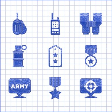 Askeri rütbe, ödül madalyası, hedef sporu, ordu, el bombası, dürbün ve künye ikonu. Vektör