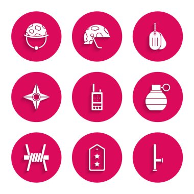 Telsiz, askeri rütbe, polis kauçuğu, el bombası, dikenli tel, Japon ninja shuriken, künye ve kask ikonu. Vektör