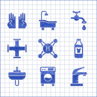 Su musluğu, çamaşır makinesi, temizlik malzemesi şişesi, lavabo, endüstriyel metal boru ve lastik eldiven ikonu. Vektör