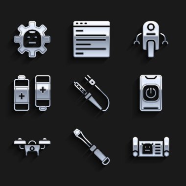 Lehim demiri, tornavida, robot taslağı telefondan, İHA 'dan, Bataryadan ve ikondan robotu kapat. Vektör