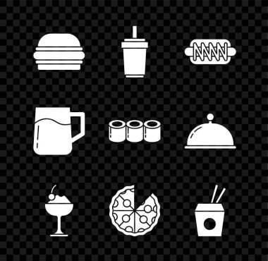 Set Burger, kamışlı kağıt bardak, Hotdog sandviçi, kasede dondurma, pizza, Asya eriştesi çubukları, tahta bira bardağı ve suşi ikonu. Vektör