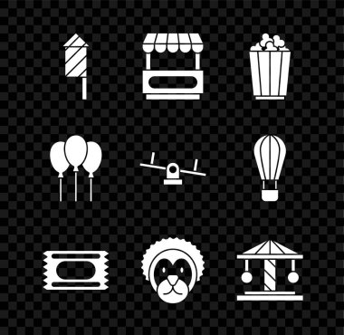 Havai fişek roketi, Fast Street yemek arabası, kutuda patlamış mısır, sirk bileti, vahşi aslan, atlıkarınca, kurdeleli balonlar ve tahterevalli ikonu. Vektör