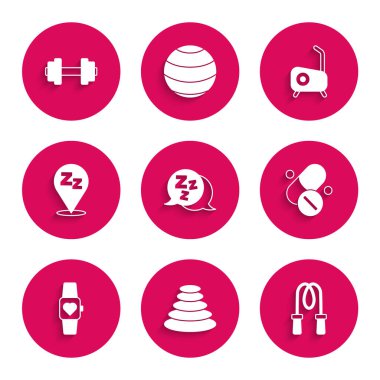 Set Sleepy, Stack sıcak taşları, atlama ipi, vitamin hapı, akıllı saat, sabit bisiklet ve Dumbbell ikonu. Vektör