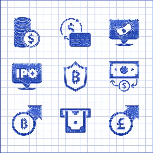 Establecer Escudo Con Bitcoin Cajero Automático Dinero Libra Crecimiento Financiero — Archivo Imágenes Vectoriales