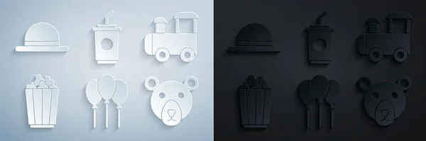 Zestaw Balony Wstążką Toy Train Popcorn Box Bear Head Papier — Wektor stockowy