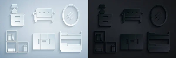 Set Armario Espejo Estante Con Libros Litera Sofá Muebles Icono — Vector de stock