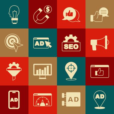 Reklamcılık, Müşteri Ürünleri Derecelendirme, Megaphone, Target, Fikir ve SEO optimizasyon ikonu içeren ampul ayarla. Vektör