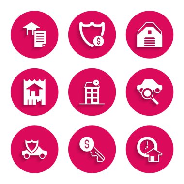 Set Evi, Kira Anahtarı, zaman para, araba paylaşımı, rozet, garaj ve sözleşme ikonu. Vektör