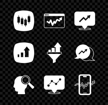 Tarayıcıyı hisse senedi piyasası, grafik grafiği, finansal büyüme, arama çalışanları, mobil ticaret ve satış hunisi ikonu ile ayarla. Vektör