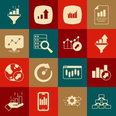 Hiyerarşi organogramını, finansal büyümeyi, grafikli satış hunisini, sunucuyu, grafikleri ve simgeyi ayarla. Vektör