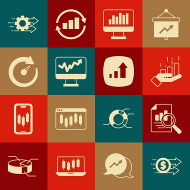 Finansal büyüme doları, grafik grafiği, monitör, dijital hız göstergesi, zaman yönetimi ve simgesi olan belge ayarla. Vektör