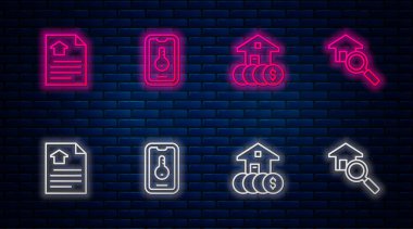 Set line Online Emlak, Dolarlı Ev, Sözleşme ve Arama Evi. Tuğla duvarda parlayan neon simgesi. Vektör