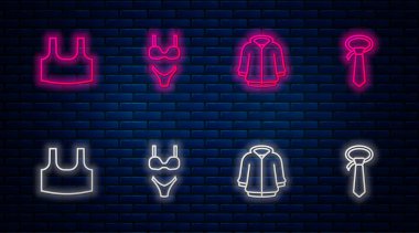 Çizgili mayo, kapüşon, atlet ve kravat. Tuğla duvarda parlayan neon simgesi. Vektör