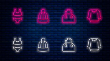 Kış şapkası, çanta, mayo ve kazak. Tuğla duvarda parlayan neon simgesi. Vektör