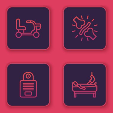 Elektrikli sandalye, interkom, eklem ağrısı, diz ağrısı ve kırık bacaklı hasta. Mavi kare düğme. Vektör