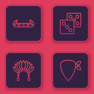 Kano ya da kano ve kürek, tüylü Hint başlığı, zar oyunu ve kovboy bandanası. Mavi kare düğme. Vektör