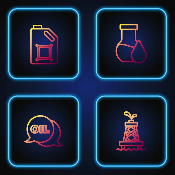 Línea de juego Plataforma de aceite, aceite Word, Bote para motor y tubo de prueba de gasolina. Iconos de color degradado. Vector — Vector de stock