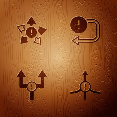 Arrow 'u ayarla, birçok yönden yönlü ok, ve tahta arka planda. Vektör