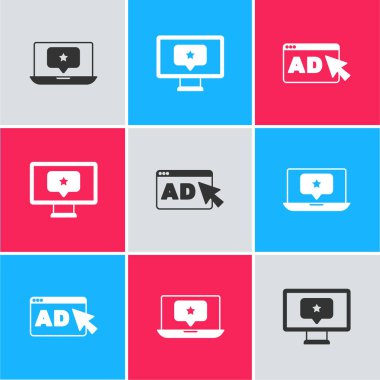 Dizüstü bilgisayarı yıldız, monitör ve reklam simgesi ile ayarla. Vektör