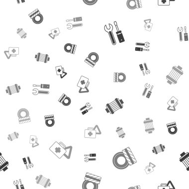 Tornavida ve ingiliz anahtarı, araba tekerleği, hava filtresi ve ilk yardım çantasının üçgenini kusursuz desen üzerine ayarla. Vektör