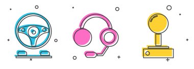 Oyun makinesi simgesi için yarış simülatörü kokpitini, kulaklığı ve Joystick 'i ayarla. Vektör