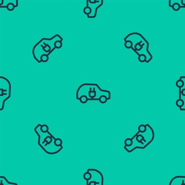 Mavi hat elektrikli araba ve elektrik kablosu şarj ikonu yeşil arka planda izole edilmiş pürüzsüz desen. Yenilenebilir ekolojik teknolojiler. Vektör