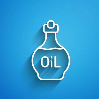 Mavi arka planda beyaz çizgi esansiyel yağ şişesi simgesi var. Organik aromaterapi özü. Cilt bakımı serumu cam bırakma paketi. Uzun gölge. Vektör