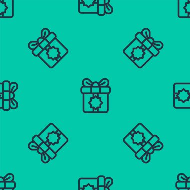 Mavi çizgi hediye kutusu simgesi yeşil arkaplanda kusursuz desen izole etti. Kutsal ay, Ramazan, Noel hediyesi paketler, doğum günü, sevgililer günü. Vektör