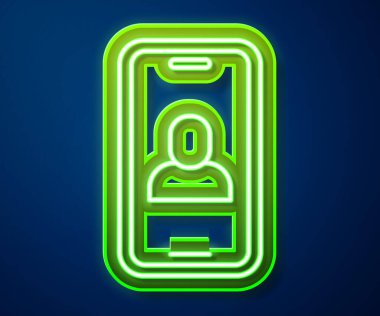 Parlayan neon hattı görüntülü sohbet konferans simgesi mavi arkaplanda izole edildi. Çevrimiçi iş görüşmesi formu. Uzak proje yönetimi. Vektör