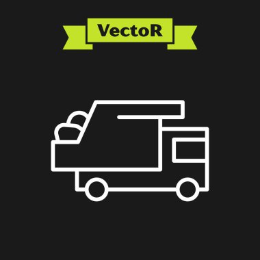 Beyaz çizgi çöp kamyonu simgesi siyah arka planda izole edildi. Vektör