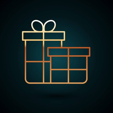 Altın çizgili hediye kutusu simgesi koyu mavi arkaplanda izole edilmiş. Mutlu Noeller ve mutlu yıllar. Vektör