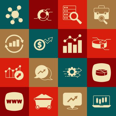 Hisse senedi pazar büyüme grafikleri, pasta grafiği, sunucu, finans doları, Graph, proje ekibi tabanı ve simgesi ayarla. Vektör