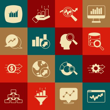 Grafik grafiği bilgisini, zaman yönetimini, sunucuyu, arama veri analizini, finansal büyümeyi ve insanların simgesini ayarla. Vektör