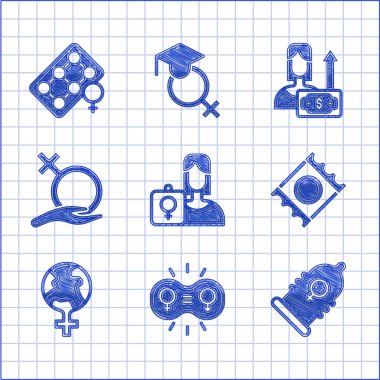 Feminist aktivist, cinsiyet eşitliği, prezervatif, paket, feminizm, kadın cinsiyeti, para yetiştiren kadın ve doğum kontrol hapı ikonu. Vektör