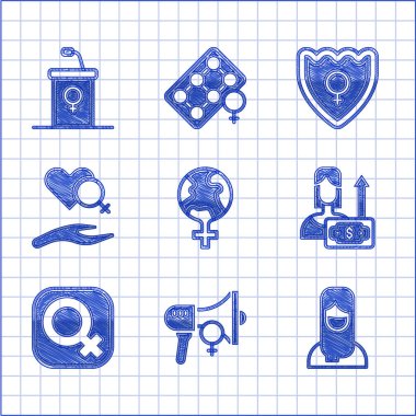 Dünyadaki feminizmi belirle, feminist aktivist, Müslüman kadın tesettürü, para büyümesi, kadın cinsiyeti, kadın kalbi, cinsiyet kalkanı ve podyum kürsü ikonu. Vektör