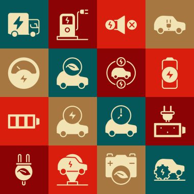 Elektrikli araba servisi, batarya şarjı, motor, Eco, Voltmetre, kamyon ve ikon ayarlayın. Vektör