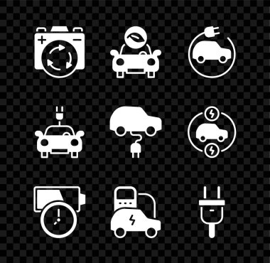 Bataryayı geri dönüşüm sembolü, Eko araba, elektrik, şarj, fiş ve simge ile ayarla. Vektör