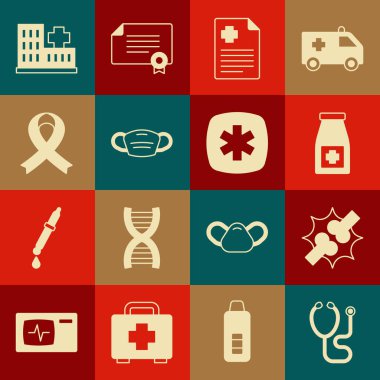 Stetoskop, eklem ağrısı, diz ağrısı, ilaç şişesi ve haplar, hasta kaydı, tıbbi koruyucu maske, farkındalık kurdelesi, hastane binası ve acil durum - Yaşam Yıldızı ikonu. Vektör