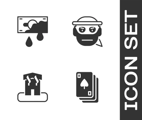 Set Playing cards, Bloody money, Arson home and Bandit icon. Vetor — Vetor de Stock