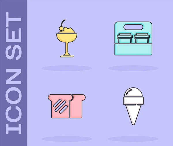 Conjunto de helado en cono de gofre, tazón, pan tostado y taza de café ir icono. Vector — Vector de stock