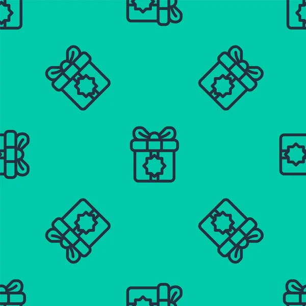 블 루 라인 선물 상자 아이콘은 녹색 배경에서 바다없는 패턴을 분리 했습니다. 성월, 라마단, 크리스마스 선물 포장 포장 포장, 생일, 발렌타인. Vector — 스톡 벡터