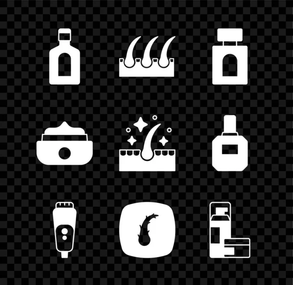 Set Botella de champú, folículo para el cabello humano, Aftershave, cuchilla de afeitar eléctrica, espuma de gel de afeitar, cera de gel para peinar e icono de tratamiento de aceite. Vector — Archivo Imágenes Vectoriales