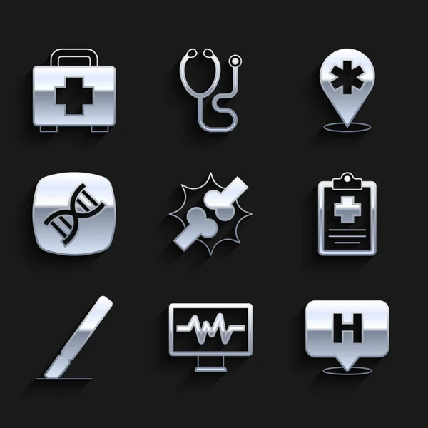 Gewrichtspijn, kniepijn, monitor met cardiogram, locatie ziekenhuis, patiënt record, chirurgie scalpel, DNA symbool, en EHBO kit icoon. Vector — Stockvector