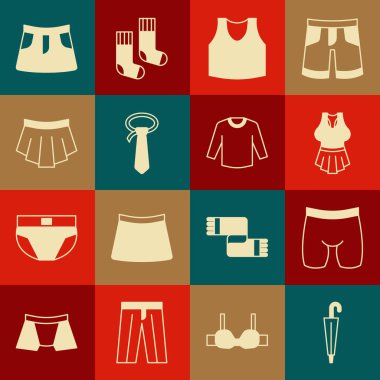Şemsiye, bisiklet şortu, atlet, kravat, etek ve süveter ikonu. Vektör